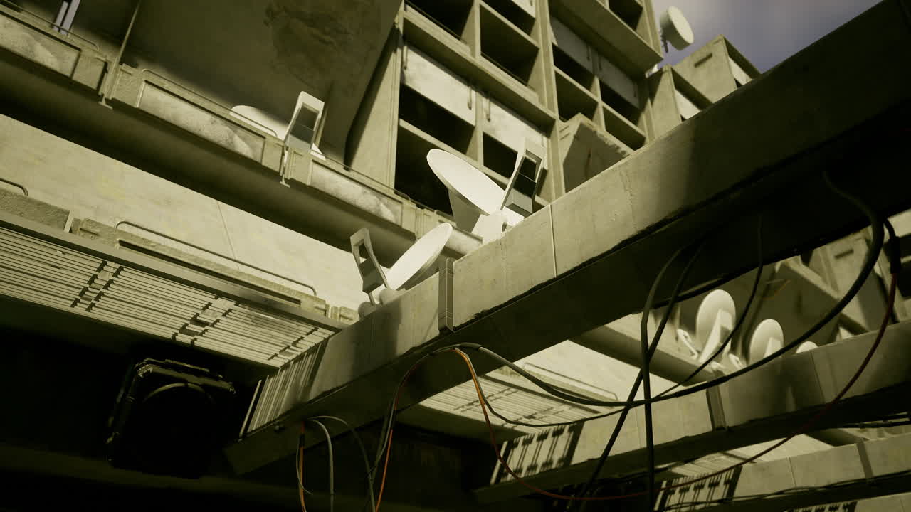 Exploring abandoned urban structures with visible wiring and satellite dishes