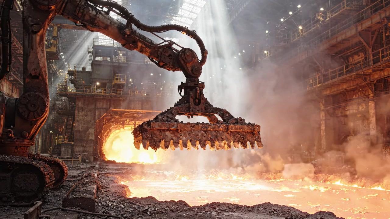 A Powerful Mechanical Arm Collecting Molten Metal in a High-Temperature Industrial Environment with Dramatic Lighting and Sparks Flying in the Background