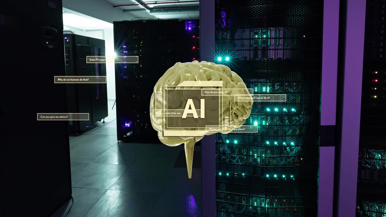 Animation of ai text, brain and data processing over computer servers