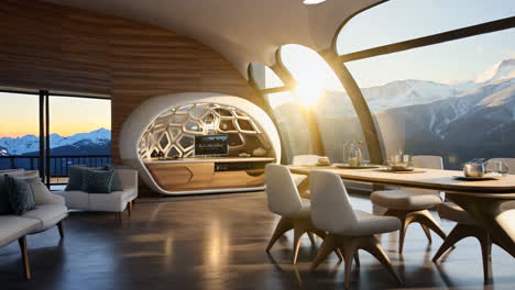 modern dining area with mountain view and unique architecture during sunset