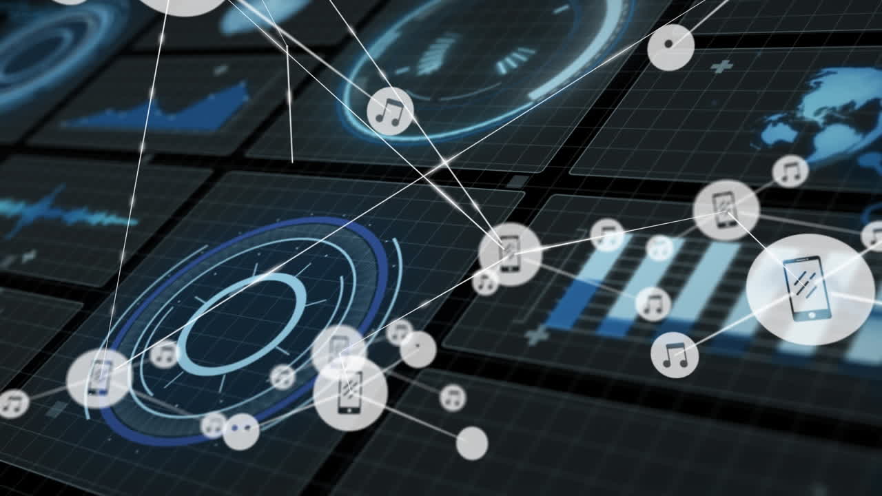 animación de la red de conexiones con iconos sobre el procesamiento de datos