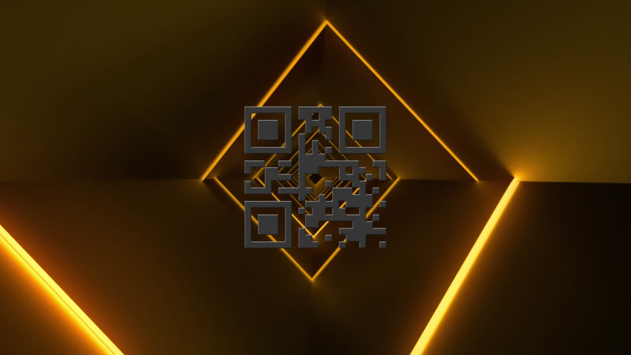 animación digital de neón brillante código qr rosa sobre túnel de neón naranja brillante sobre fondo negro