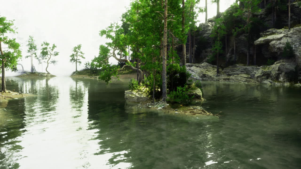 Serene lake surrounded by lush greenery and rocky terrain in a tranquil setting