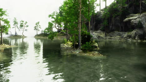 serene lake surrounded by lush greenery and rocky terrain in a tranquil setting