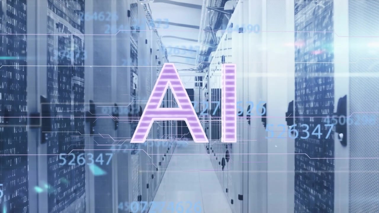 AI label appearing at aisle center, scaling and glowing while numeric streams showing data flow