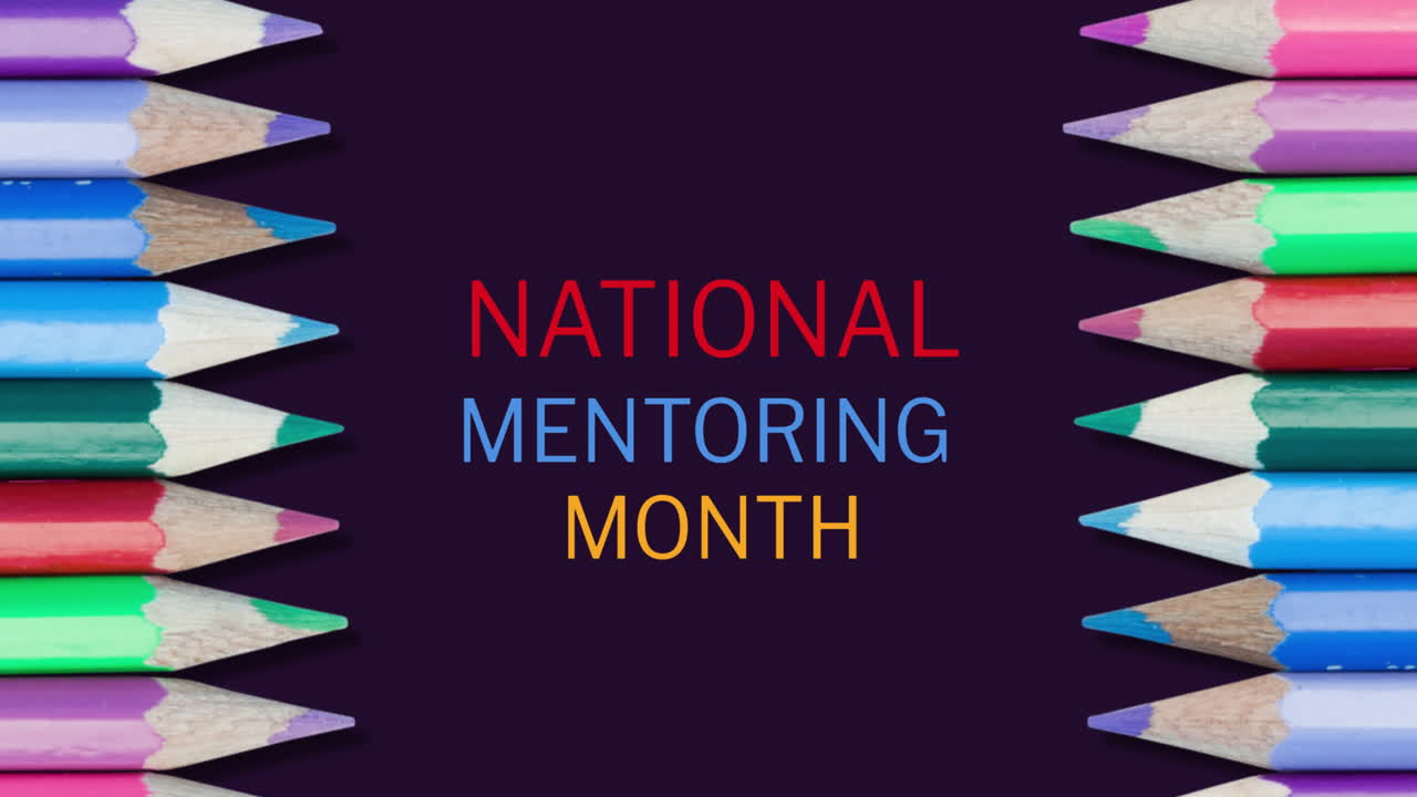 Animation of national mentoring month text with colour pencils on black background