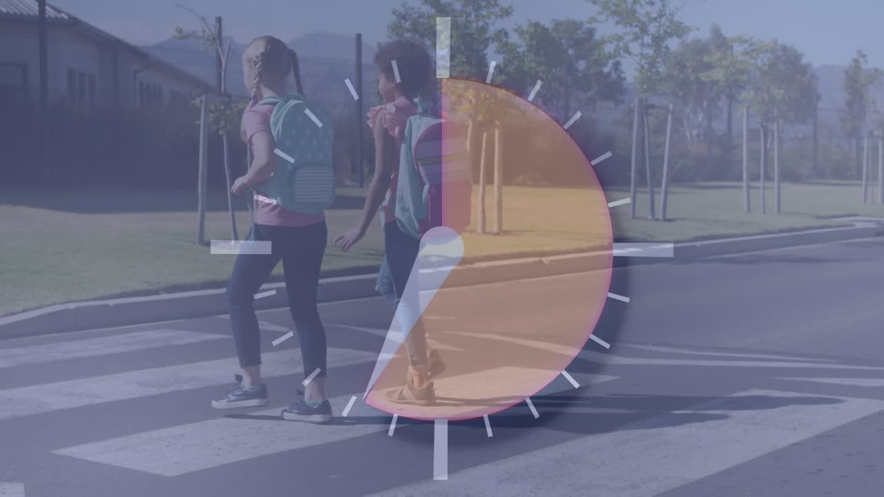 animación de reloj sobre niños caminando por la calle