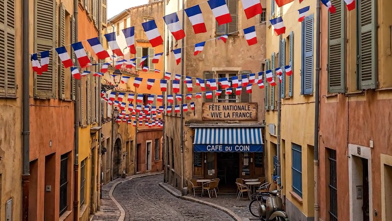 Charmig fransk gata dekorerad med flaggor inför Bastiljdagen