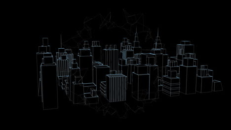 animation of networks of connections over 3d cityscape drawing
