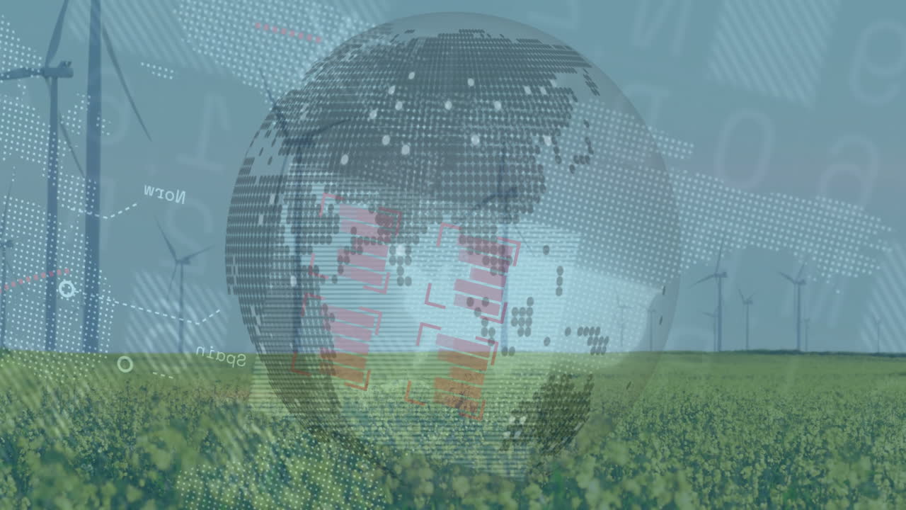 Globe being formed by halftone dots floating over yellow field with wind turbines showing data flow