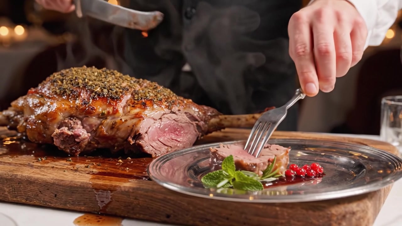 Un banchetto gourmet: succulenta coscia d'agnello arrosto tagliata alla perfezione, guarnita con erbe fresche e accompagnata da vivaci bacche rosse in un ambiente elegante