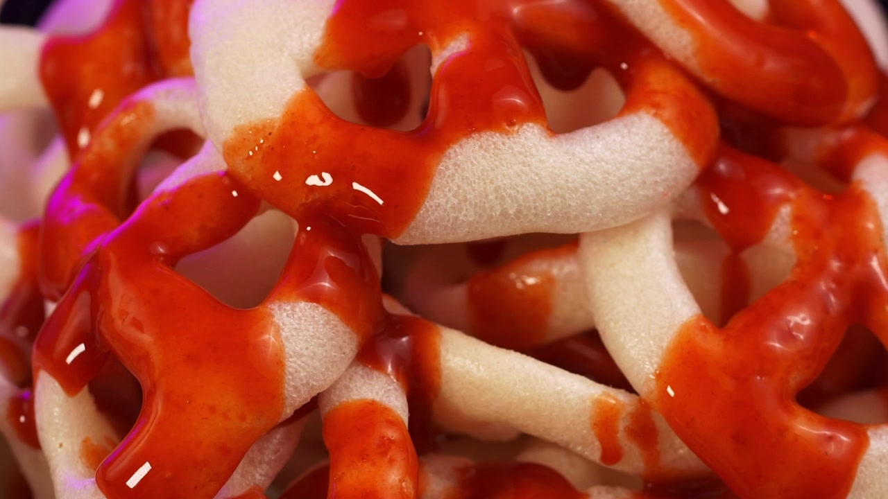 Primo piano di salsa piccante versata su pasta fritta.