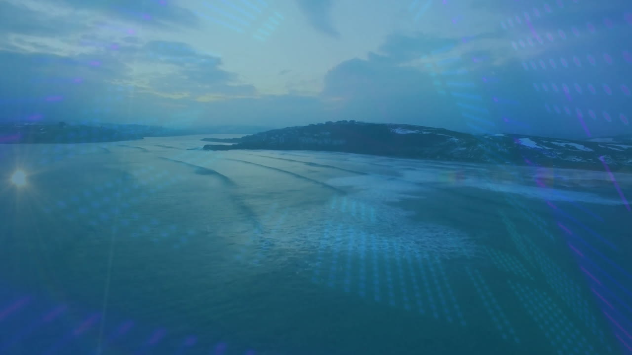 Ocean waves and island landscape with digital data processing animation overlay