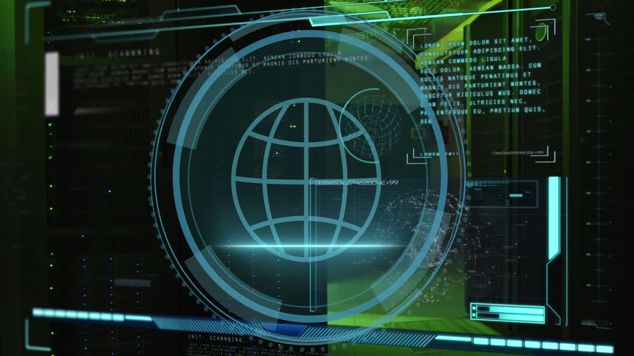 animación del icono del globo sobre el procesamiento de datos y la sala del servidor