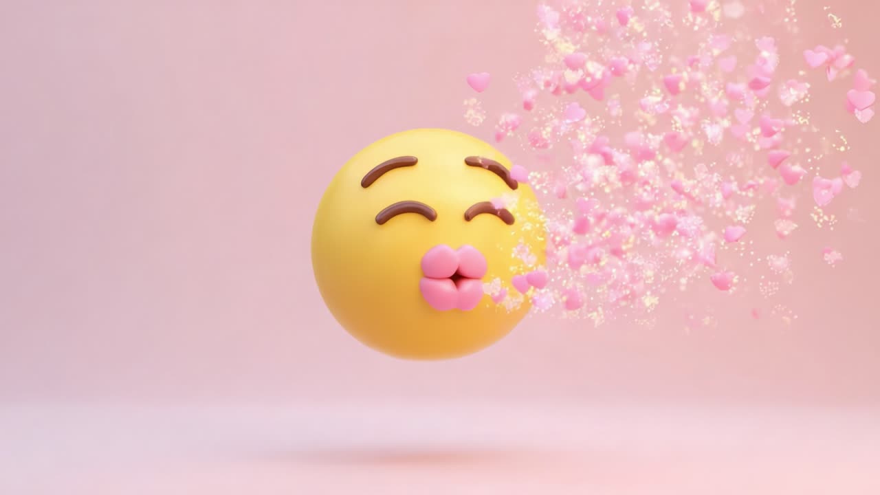 A joyous emoji emits a playful burst of heart-shaped confetti and sparkles, capturing the essence of love and happiness against a soft pink background, creating a whimsical atmosphere