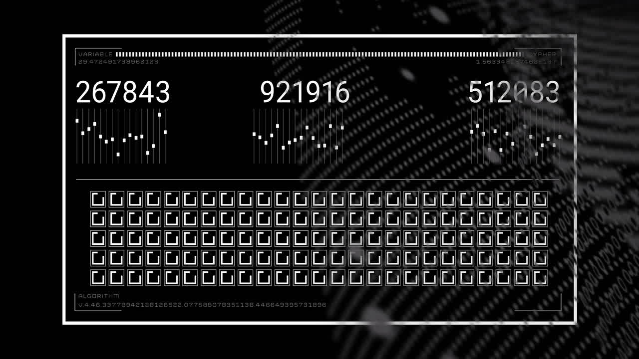 animation der datenverarbeitung und diagramme auf schwarzem hintergrund