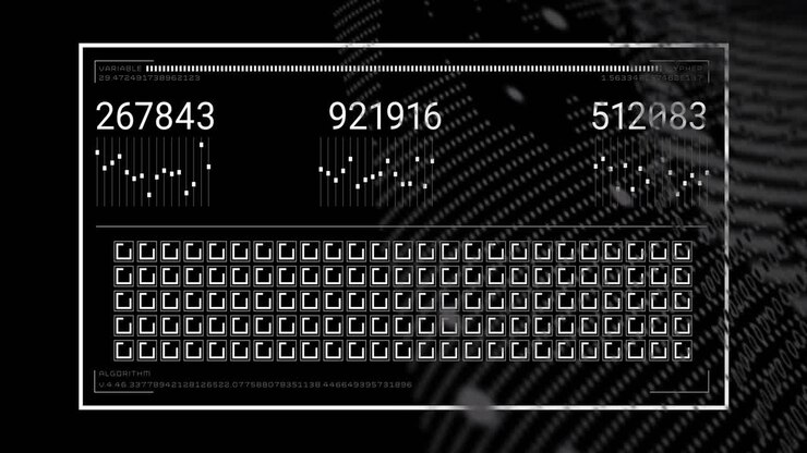 Animation of data processing and diagrams on black background