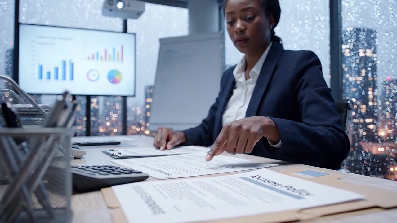 Businesswoman Reviewing Financial Documents in Modern Office with City View While Snow Falls Outside the Window During a Productive Work Session