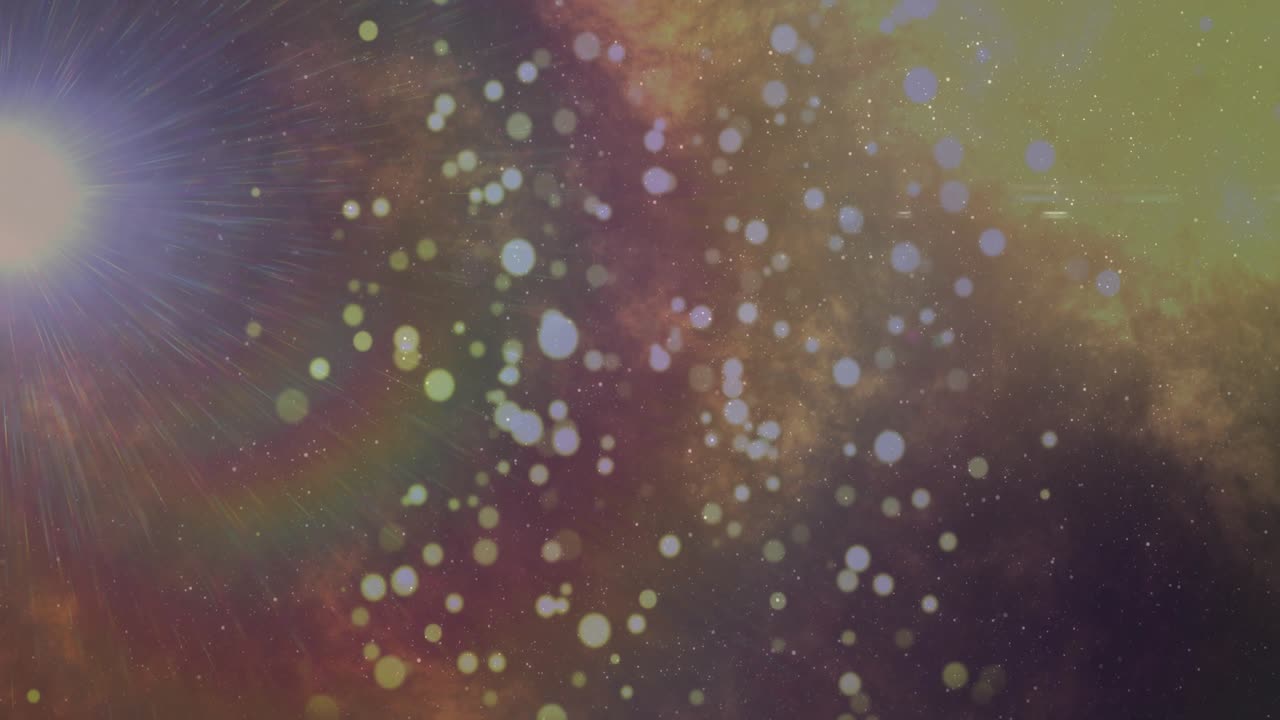 Bright lens flare shining at left, bokeh lights emerging drifting showing gradient shift