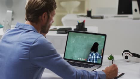 estudiante caucásico usando una computadora portátil en una videollamada con una maestra, tomando notas
