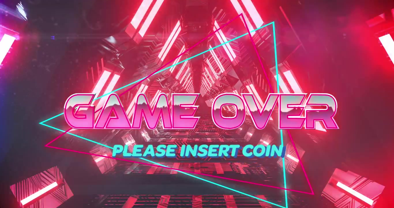 Animazione del testo "game over, inserire moneta" su un tunnel al neon.