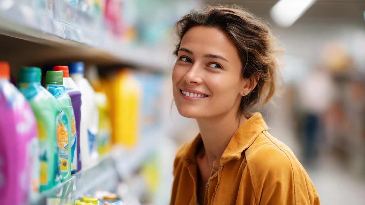 A woman enjoys her shopping experience in a modern retail store, surrounded by vibrant bottles of cleaning products. Her bright smile reflects satisfaction and engagement in the shopping environment