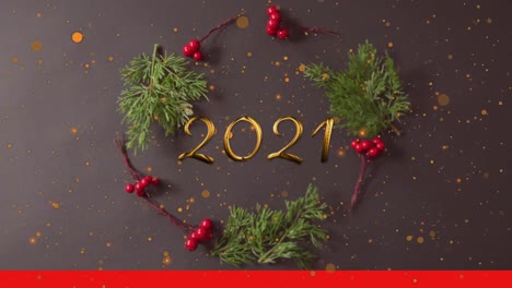 Animation-of-2021-text-over-fir-tree-branches