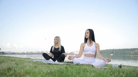 young women practicing meditation in the morning in a bright sunny park outside the city meditation young women practicing meditation in the morning in a bright sunny park outside the city meditation in the lotus position practicing yoga