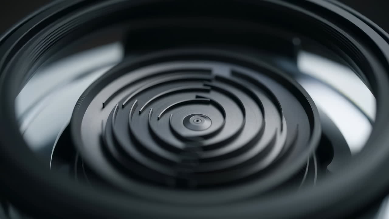 Primo piano diaframma obiettivo fotografico che ruota in uno scatto macro in studio, lenta spirale ipnotica di lamelle metalliche, lucido.