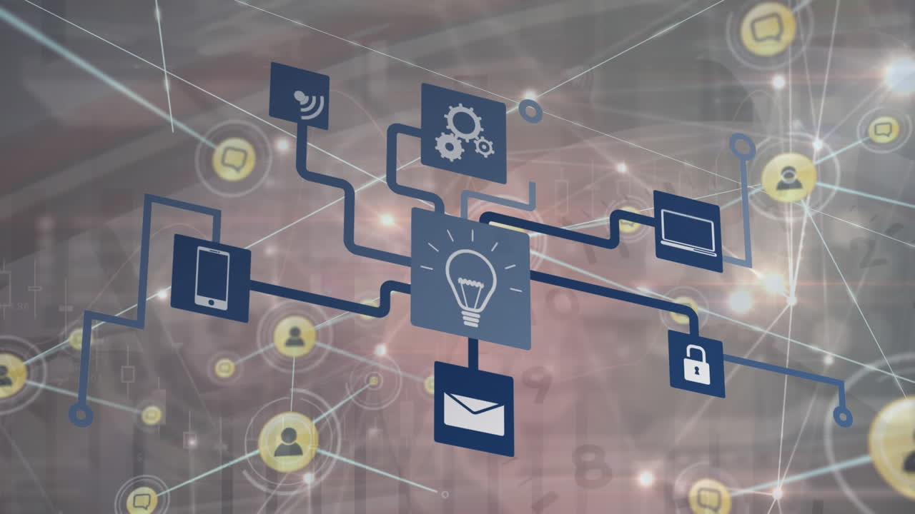 Animation of network of connections with icons over data processing