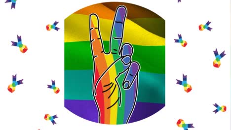 animation of rainbow flag v sign and ribbons on white background