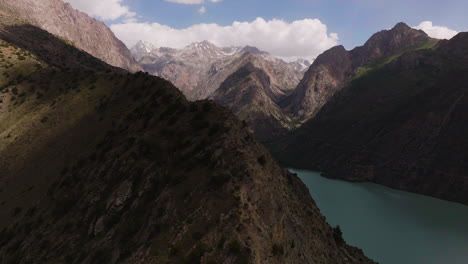 Turquoise-Lake-Iskanderkul-In-Tajikistan---aerial-drone-shot
