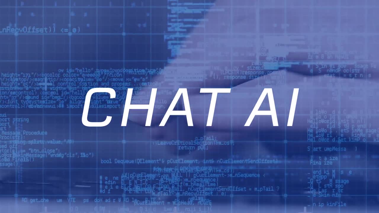 Animation of artificial intelligence text and data processing over caucasian man using computer