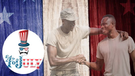 animation of 4th of july text with soldiers shaking hands over american flag