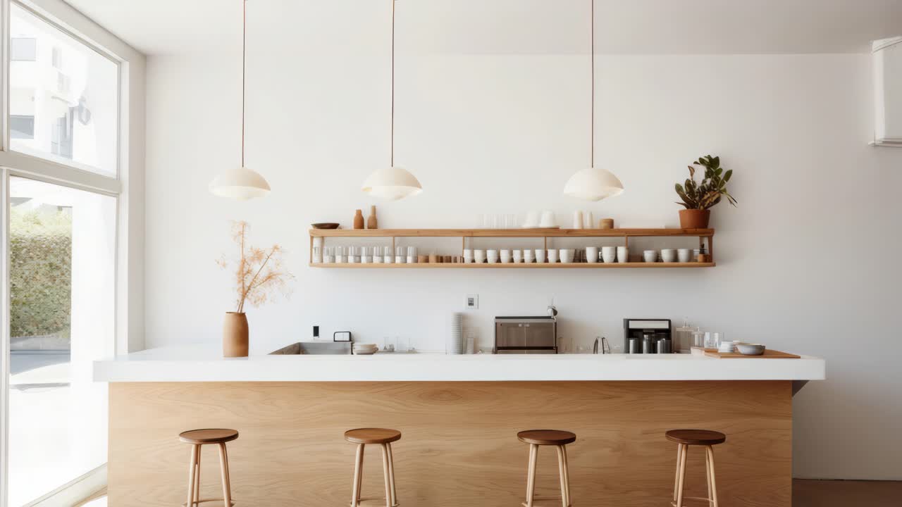 Cucina minimalista con dettagli in legno, catturata da un’angolazione grandangolare