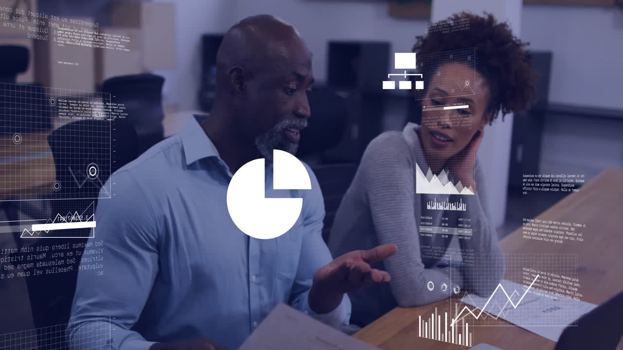 Animation of data processing and diagrams over diverse colleagues discussing work