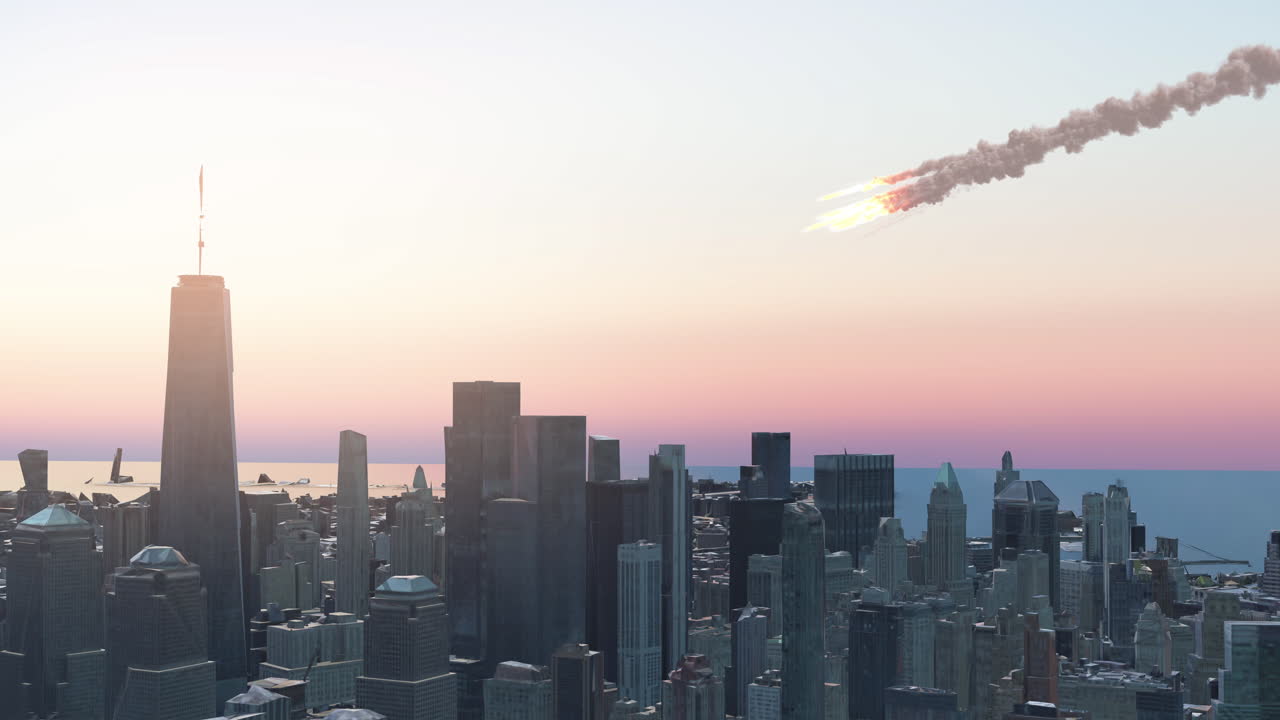 A meteor or comet streaks across the sky above a futuristic cityscape at dawn or dusk, depicting a dramatic and potentially apocalyptic event
