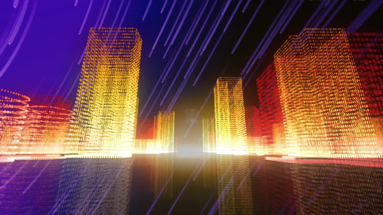 Central glow growing sparking skyline moving, purple streaks sweeping, reflections showcasing depth