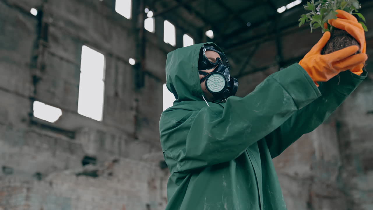 Survivor with flowers in infected zone. Human in protective suit and gas mask holding flowers in abandoned building. Save the nature. Ecological disaster.