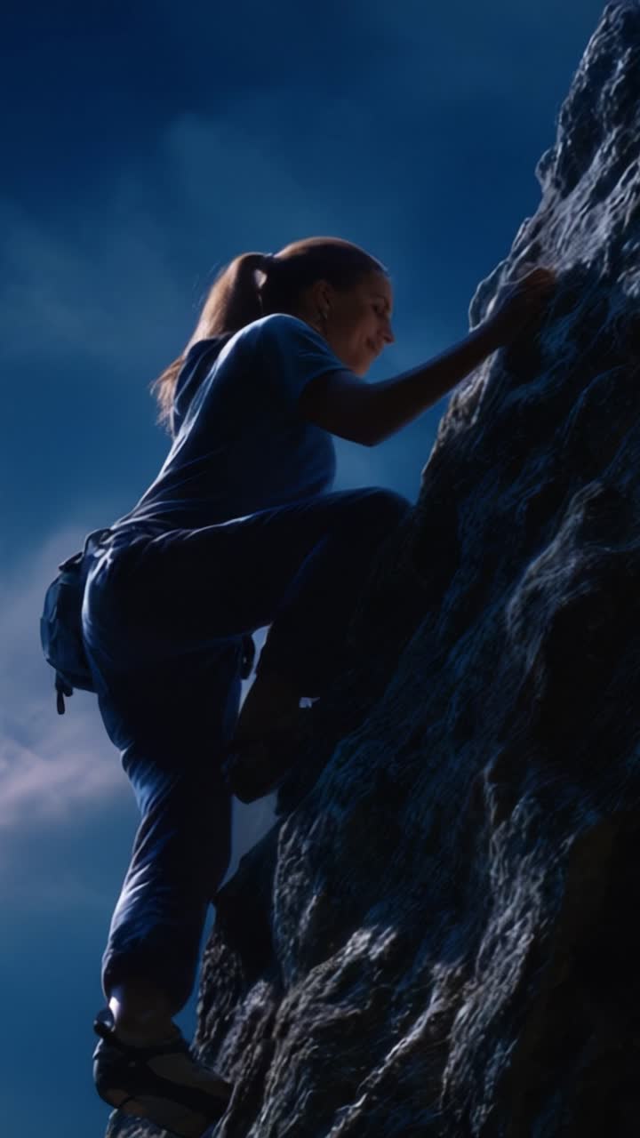 Um alpinista determinado escala uma parede rochosa desafiadora sob um céu dramático, exibindo força, foco e o espírito de aventura na busca por esportes ao ar livre.