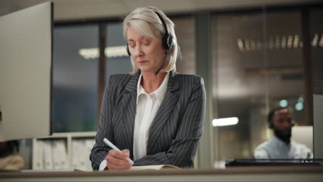 businesswoman with headset writing in office