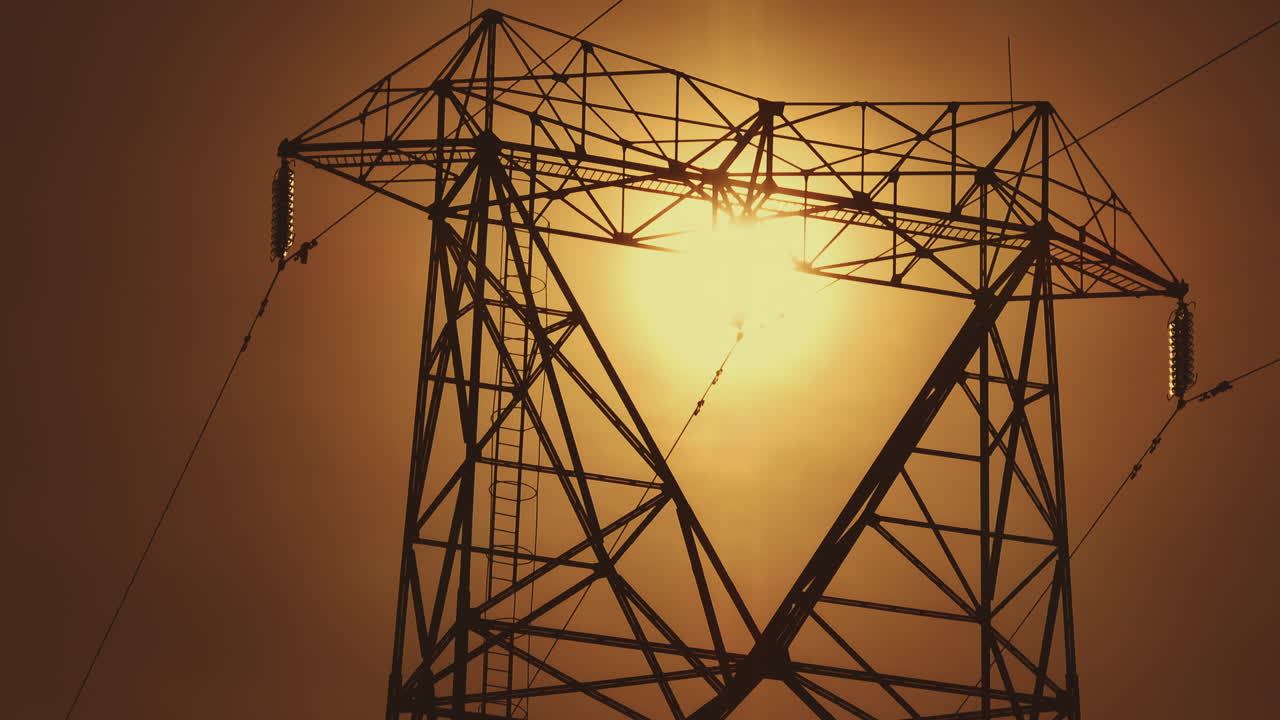 일몰에 전력 송신 타워