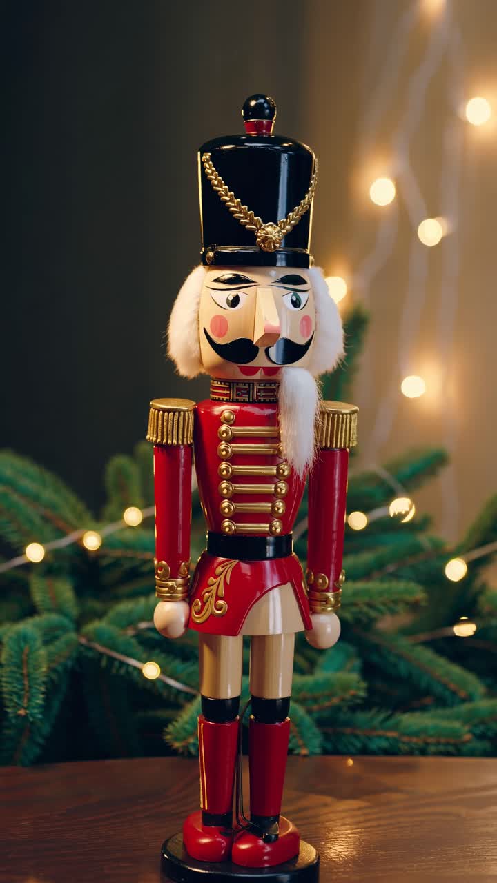 Festive nutcracker soldier in focus, captured from a low angle. Warm bokeh lights create a cozy