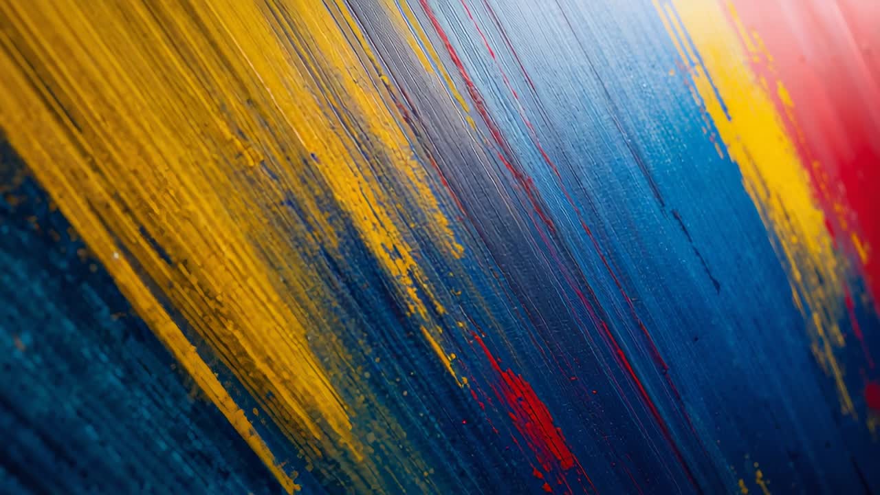 Tracking camera sliding over paint panel in studio, showing yellow streaks red spot and flare