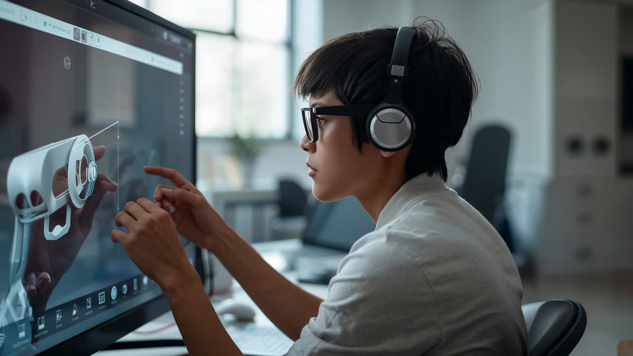 Teenager i skjorte trækker og flytter 3D-rendering på touchscreen i studie, cirkulær UI, plads til tekst