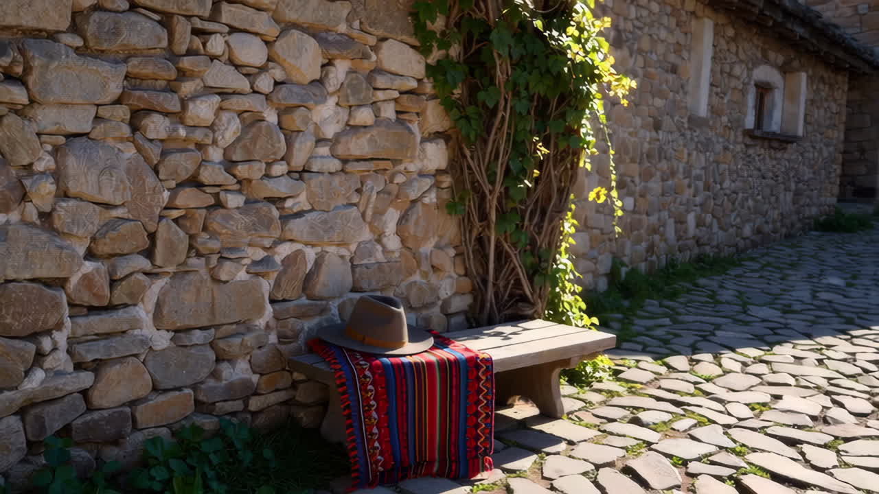 Charming Village Alley with Stone Walls and Wooden Bench