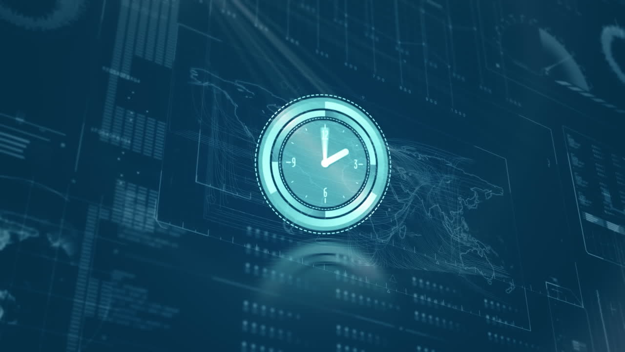 Neon blue clock ticking against digital interface with data processing on blue background