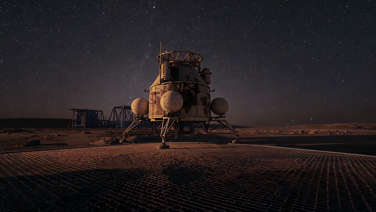 Moving camera approaching lander on grated pad in sandy plain to inspect weathered tanks