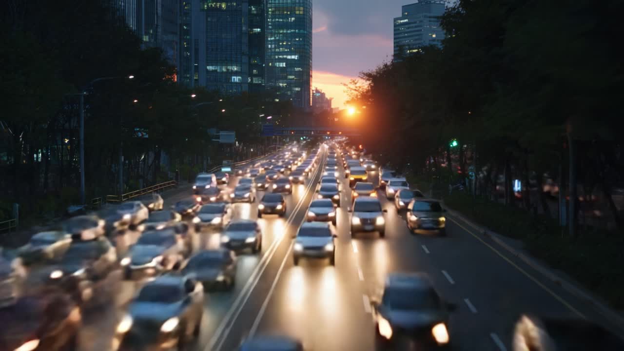 Tráfico urbano intenso al atardecer: una escena urbana vibrante con coches serpenteando por las calles, edificios iluminados por la luz de la hora dorada reflejándose en el asfalto