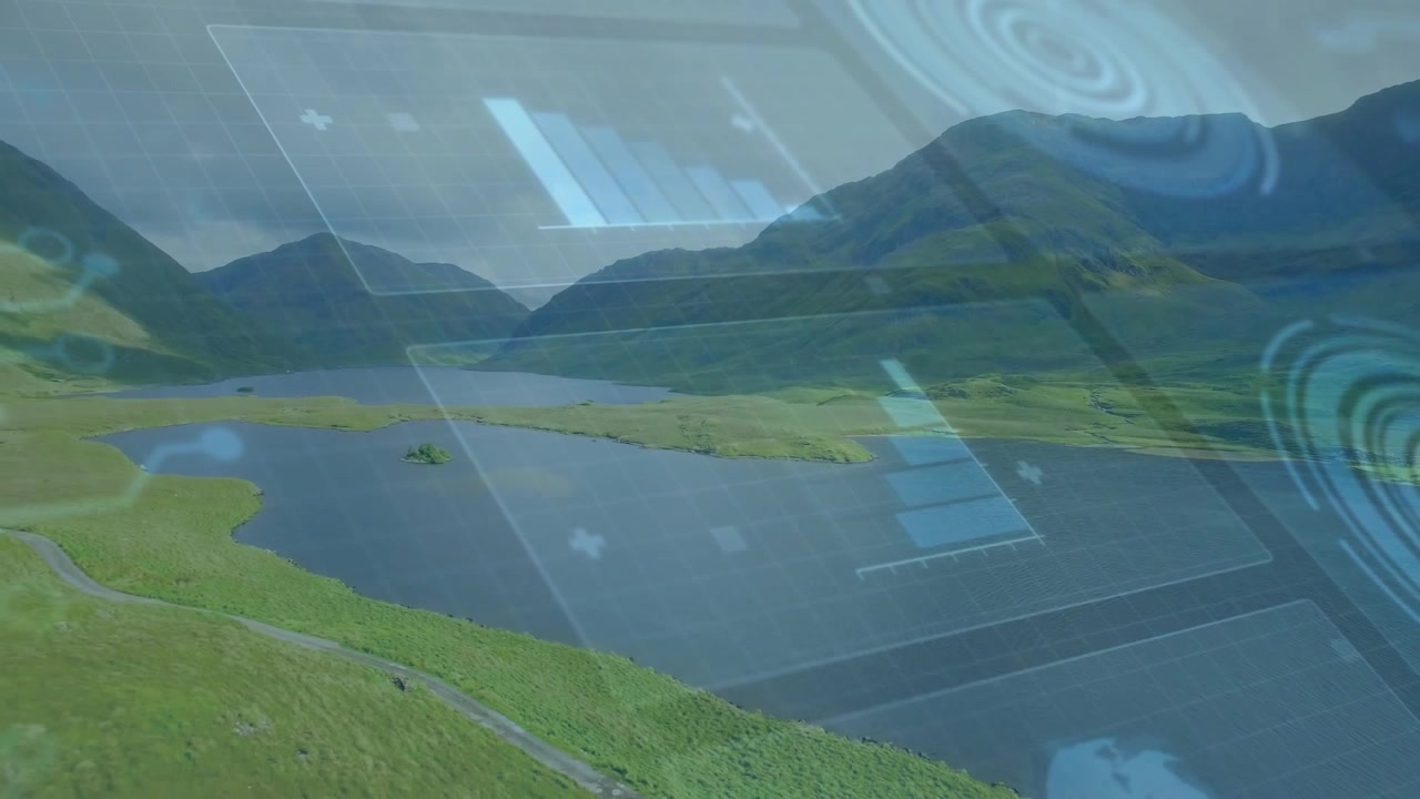 Upon aerial reveal valley view HUD panels with bar charts sliding, rings rotating for analytics